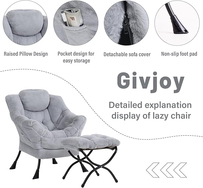 Plush Lazy Chair and Ottoman, Large Contemporary Accent Lounge Chair with Armrests and a Side Pocket, Modern Leisure Upholstered Sofa Reading Armchair with Footrest for Bedroom, Living Room - LeafyLoom