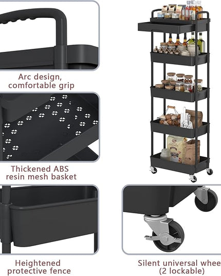 5-Tier Rolling Utility Cart，Trolley with Drawer, Multifunctional Storage Organizer with Plastic Shelf & Metal Wheels, Storage Cart for Living Room, Kitchen, Office, Bathroom, Black - LeafyLoom