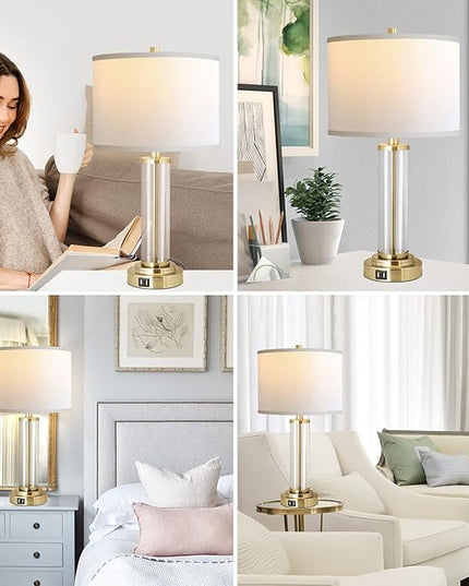 QiMH Lamps for Bedrooms Set of 2, Touch Control Table Lamps with Dual USB Ports, 3-Way Dimmable Bedside Lamp with Fabric Lampshade, Modern Nightstand Lamp for Living Room Bedroom (LED Bulbs Included) - LeafyLoom