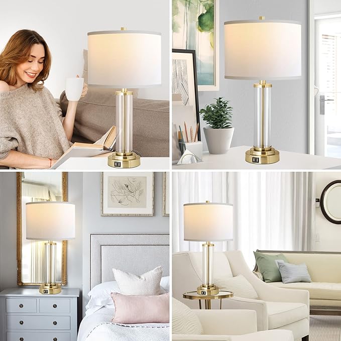 QiMH Lamps for Bedrooms Set of 2, Touch Control Table Lamps with Dual USB Ports, 3-Way Dimmable Bedside Lamp with Fabric Lampshade, Modern Nightstand Lamp for Living Room Bedroom (LED Bulbs Included) - LeafyLoom