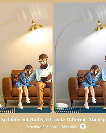 Gold Brass Arc Floor Lamp for Living Room - Mid Century Modern Standing Lamp, Overhanging Floor Lamps, Arch Stand Up Lamp & Floor Light with White Marble Base, Ideal for Bedroom Study Room - LeafyLoom