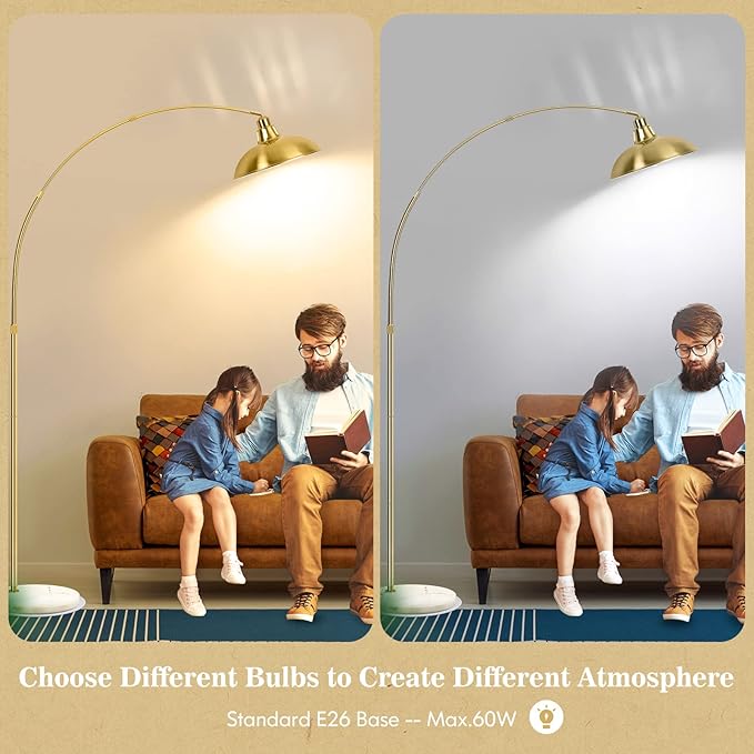 Gold Brass Arc Floor Lamp for Living Room - Mid Century Modern Standing Lamp, Overhanging Floor Lamps, Arch Stand Up Lamp & Floor Light with White Marble Base, Ideal for Bedroom Study Room - LeafyLoom