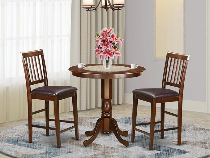 East West Furniture JAVN3-MAH-LC 3 Piece Counter Set for Small Spaces Contains a Round Dining Room Table with Pedestal and 2 Faux Leather Upholstered Chairs, 36x36 Inch, Mahogany - LeafyLoom