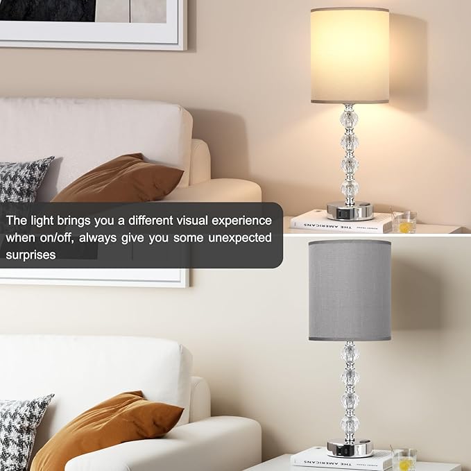 Acaxin Touch Bedside Crystal Lamps for Bedrooms Nightstand with USB C+A Charging Port and AC Outlet White, 3 Way Dimmable Silver Large End Side Table Lamp for Living/Dinning Room/Kitchen/Bedroom - LeafyLoom