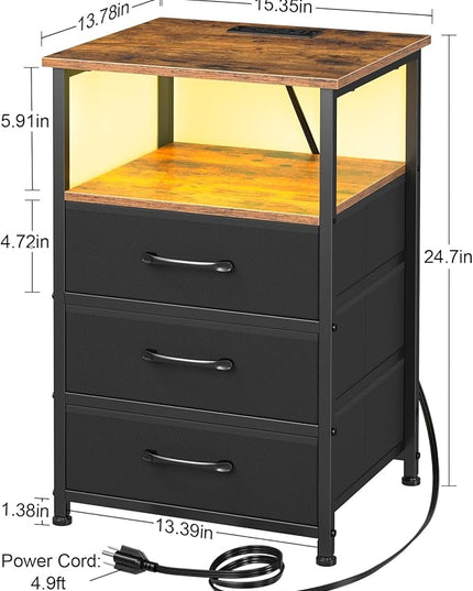 Nightstands Set of 2, Large End Tables Living Room, Bed Side Tables with Charging Station, 24.7" Tall Night Stand with 3 Fabric Drawers and LED Light Strip for Bedroom HNS013BR - LeafyLoom