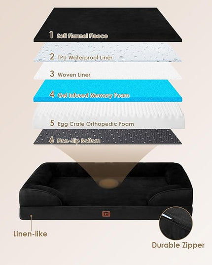 EHEYCIGA Orthopedic Dog Beds for Large Dogs, Waterproof Memory Foam Large Dog Bed with Sides, Non-Slip Bottom and Egg-Crate Foam Large Dog Couch Bed with Washable Removable Cover, Black EHEYCIGA
