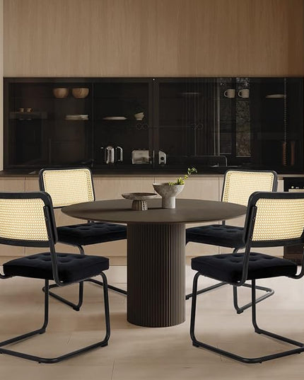 COLAMY Mid Century Modern Dining Chairs Set of 2, Velvet Rattan Dining Room Kitchen Side Chairs with Upholstered Seat and Metal Chrome Legs for Home, Living Room, Bedroom - Black - LeafyLoom