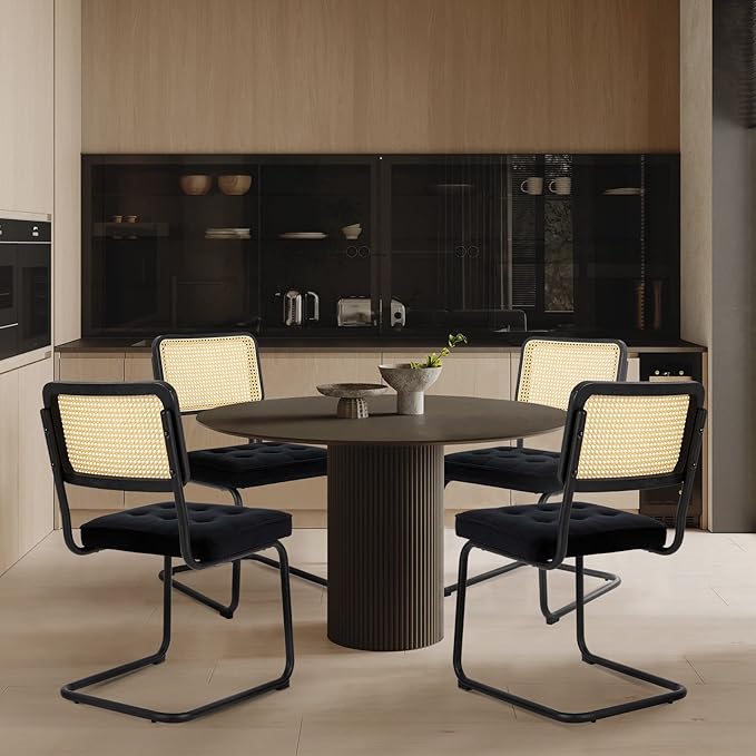 COLAMY Mid Century Modern Dining Chairs Set of 2, Velvet Rattan Dining Room Kitchen Side Chairs with Upholstered Seat and Metal Chrome Legs for Home, Living Room, Bedroom - Black - LeafyLoom