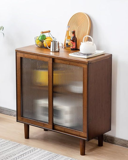 Tiita Bamboo Sideboard Buffet Cabinet, Rattan Kitchen Storage Cabinet, Boho Coffee Bar Tables for Kitchen Living Room Hallway Office, Walnut - LeafyLoom