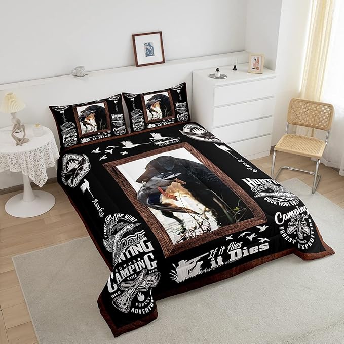 Feelyou Duck Hunting Comforter Hunting and Fishing Bedding Set for Kids Boys Girls Dog Hunter Comforter Set Wild Animal Inner Fill Duvet Set 1 Comforter Set with 2 Pillowcases King Size - LeafyLoom