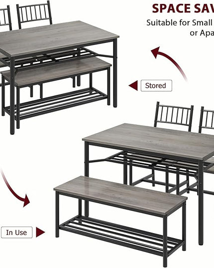 IDEALHOUSE Dining Table Set for 4, Kitchen Table and Chairs for 4 with Storage Bench, Rectangular Kitchen Table Set with Wine Rack, Dining Room Table Set for Small Space, Apartment, Retro Grey - LeafyLoom