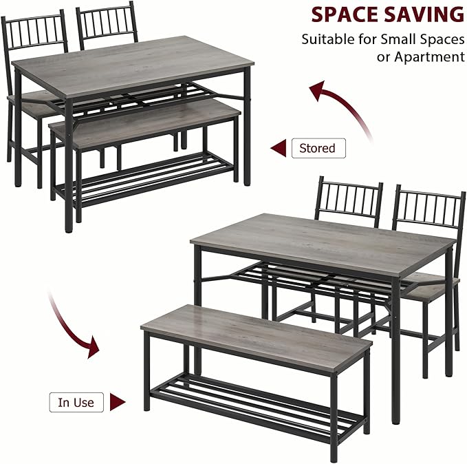 IDEALHOUSE Dining Table Set for 4, Kitchen Table and Chairs for 4 with Storage Bench, Rectangular Kitchen Table Set with Wine Rack, Dining Room Table Set for Small Space, Apartment, Retro Grey - LeafyLoom