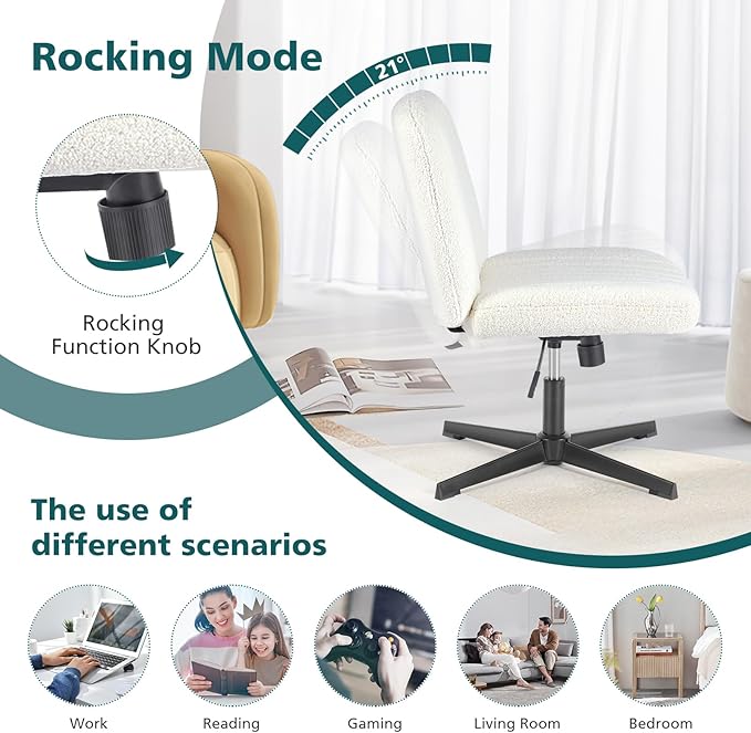 OLIXIS Cross Legged Armless Wide Adjustable Swivel Padded Home Office Desk Chair, Off White - LeafyLoom