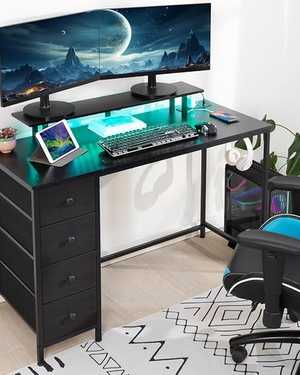 Computer Desk with LED Light & Power Outlets, 55 Inch Gaming Desk with 4 Fabric Drawers, Carbon Fiber Surface Home Office Desk with Monitor Stand with Hooks for Bedroom, HGD14CBK - LeafyLoom