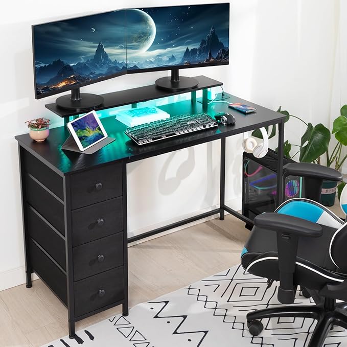 Computer Desk with LED Light & Power Outlets, 55 Inch Gaming Desk with 4 Fabric Drawers, Carbon Fiber Surface Home Office Desk with Monitor Stand with Hooks for Bedroom, HGD14CBK - LeafyLoom