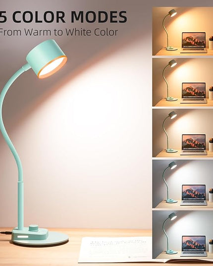 Desk Lamp, Fully Dimmable Bedside Reading Lamp with USB C + A Charging Ports, 5 Colors, Simple to Operate, Eye Care Metal Table Lamp Efficient Gooseneck Desk Lamps for Home Office College Dorm Room - LeafyLoom