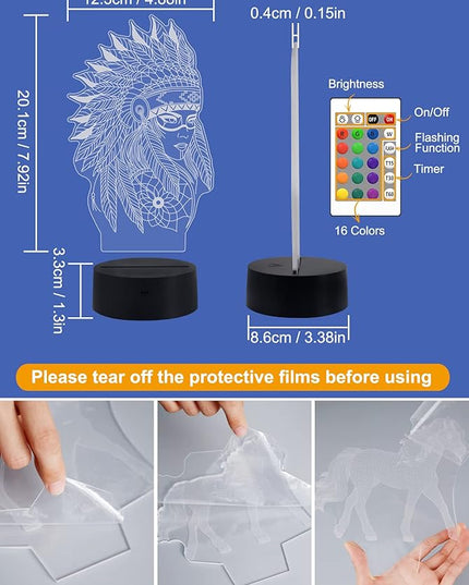 Native American Gifts, 3D Figure Night light Illusion Lamp for Home Decor and Room Decorations, Creative Birthday Xmas Holiday Gifts with 16 Colors Changing & Remote Control & Dimmable Function - LeafyLoom