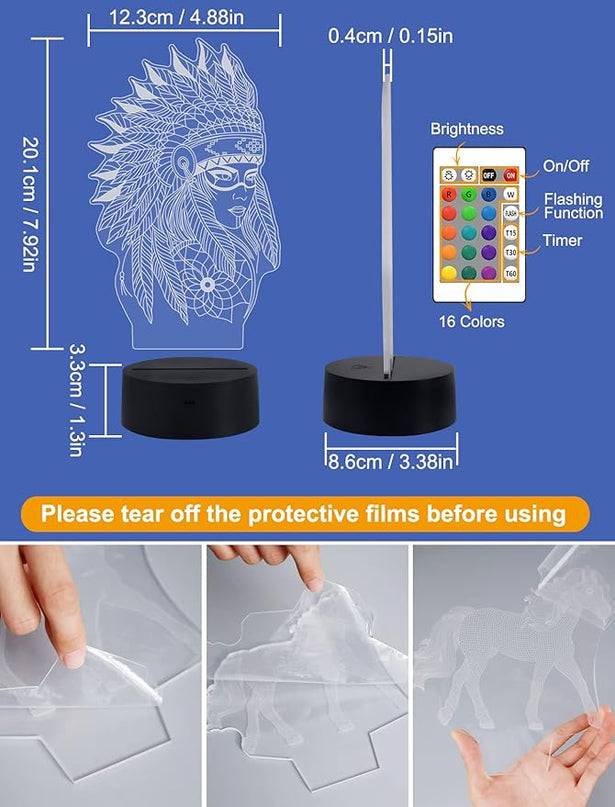 Native American Gifts, 3D Figure Night light Illusion Lamp for Home Decor and Room Decorations, Creative Birthday Xmas Holiday Gifts with 16 Colors Changing & Remote Control & Dimmable Function - LeafyLoom