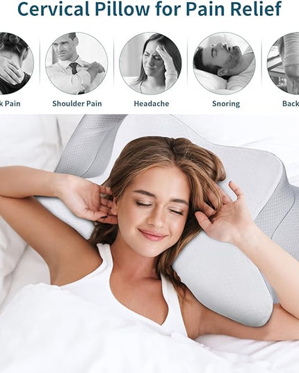 Neck Pillow Cervical Memory Foam Pillows for Pain Relief Sleeping, Ergonomic Pillow for Shoulder Pain, Orthopedic Contour Bed Pillow for Side, Back & Stomach Sleepers with Cooling Pillowcase - LeafyLoom