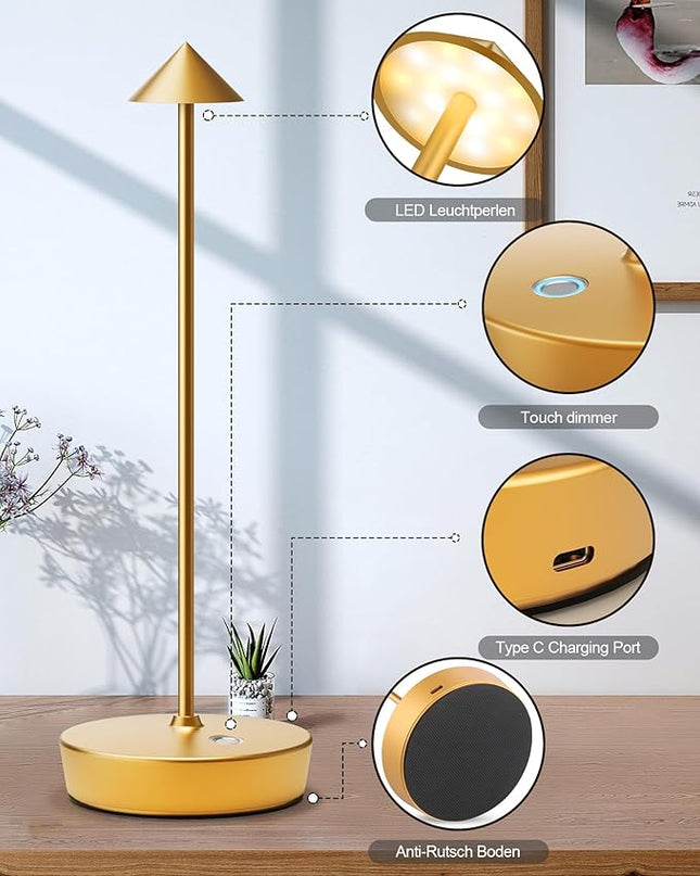 Cordless Table Lamps Rechargeable, 6000mAh Battery Operated LED Desk Lamp Outdoor Waterproof Portable Touch Dimmable Table Night Light for Patio Restaurant Dining Home Set of 2 Gold - LeafyLoom