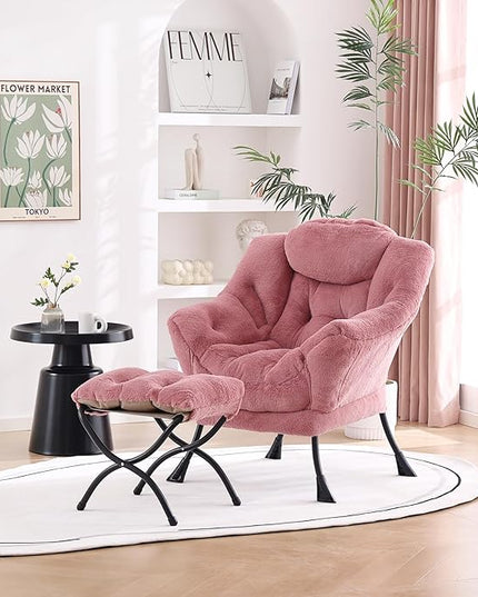 Welnow Lazy Chair with Ottoman, Modern Lounge Accent Chair with Armrests and a Side Pocket, Leisure Sofa Chair Set, Reading Chair with Footrest for Small Space, Corner Chair, Plush Dark Pink - LeafyLoom