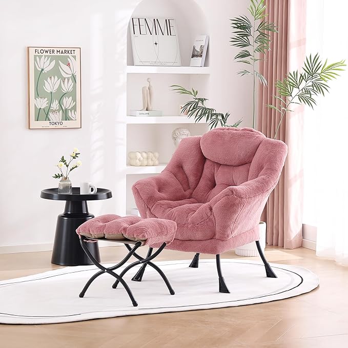 Welnow Lazy Chair with Ottoman, Modern Lounge Accent Chair with Armrests and a Side Pocket, Leisure Sofa Chair Set, Reading Chair with Footrest for Small Space, Corner Chair, Plush Dark Pink - LeafyLoom