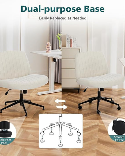 OLIXIS Cross Legged Armless Wide Adjustable Swivel Padded Home Office Desk Chair, Beige with Wheels - LeafyLoom