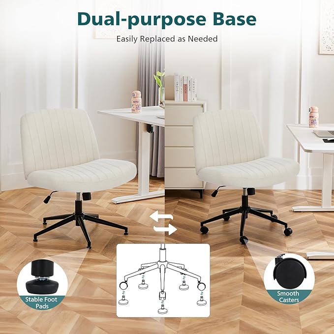 OLIXIS Cross Legged Armless Wide Adjustable Swivel Padded Home Office Desk Chair, Beige with Wheels - LeafyLoom