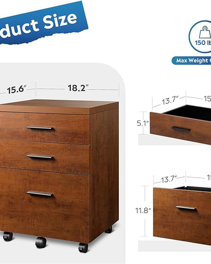 DEVAISE 3 Drawer File Cabinet for Home Office, Wood Under Desk Filing Cabinet, Rolling Printer Stand with Wheels, Walnut - LeafyLoom