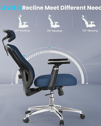 Farini Office Chair Ergonomic Desk Chair, High Back Office Chair with Wheels, Home Office Chair for Heavy People, Office Chair Adjustable Seat Depth, 3D Armrests and Adjustable Headrest, Blue - LeafyLoom