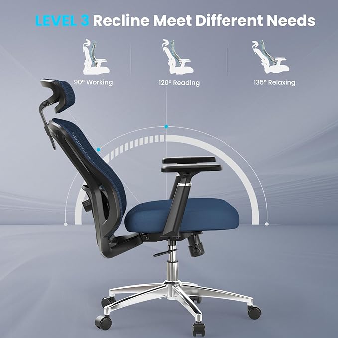 Farini Office Chair Ergonomic Desk Chair, High Back Office Chair with Wheels, Home Office Chair for Heavy People, Office Chair Adjustable Seat Depth, 3D Armrests and Adjustable Headrest, Blue - LeafyLoom