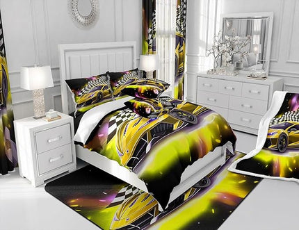 Yellow Sports Car Comforter Sets Full Size, Boys Race Car Bedding for Teens Girls Adult Extreme Speed Race Car Duvet Sets Black and White Grids Print Car Theme Bedroom Decor Quilts - LeafyLoom