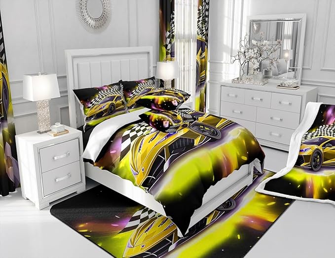 Yellow Sports Car Comforter Sets Full Size, Boys Race Car Bedding for Teens Girls Adult Extreme Speed Race Car Duvet Sets Black and White Grids Print Car Theme Bedroom Decor Quilts - LeafyLoom