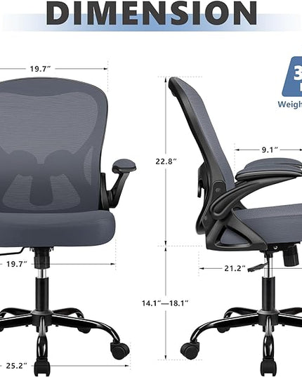 Office Chair Desk Chair, Ergonomic Mesh Computer Chair Home Office Desk Chairs, Swivel Task Chair Mid Back Breathable Rolling Chair with Adjustable Lumbar Support Flip Up Armrest (Dark Gray) - LeafyLoom