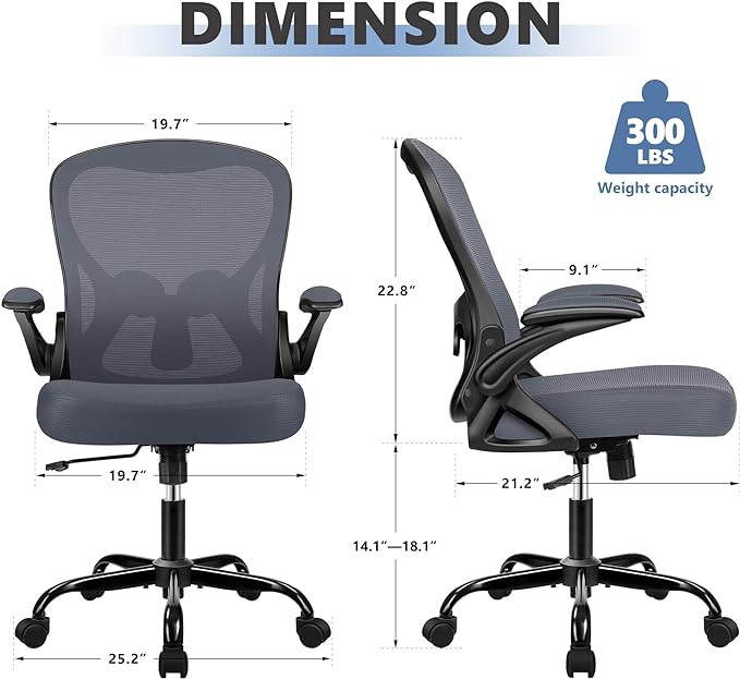 Office Chair Desk Chair, Ergonomic Mesh Computer Chair Home Office Desk Chairs, Swivel Task Chair Mid Back Breathable Rolling Chair with Adjustable Lumbar Support Flip Up Armrest (Dark Gray) - LeafyLoom