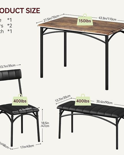 GAOMON Dining Table Set for 4, Kitchen Table with Upholstered Chairs and Bench, 4-Person Dining Room Table Set, Rectangular Kitchen Table Set for Small Space, Apartment, Home, Studio, Rustic Brown - LeafyLoom