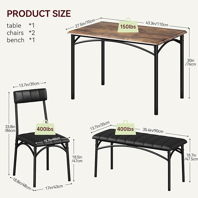 GAOMON Dining Table Set for 4, Kitchen Table with Upholstered Chairs and Bench, 4-Person Dining Room Table Set, Rectangular Kitchen Table Set for Small Space, Apartment, Home, Studio, Rustic Brown - LeafyLoom