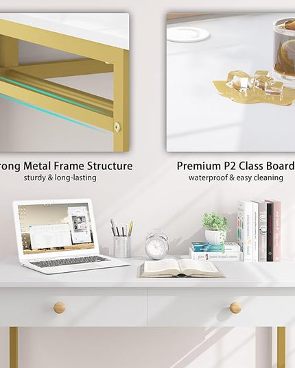 Weehom Computer Desk with Drawers, Home Office Desk for Writing, Studying, and Gaming - Sturdy and Spacious Workstation for PC and Laptop(White and Gold) - LeafyLoom