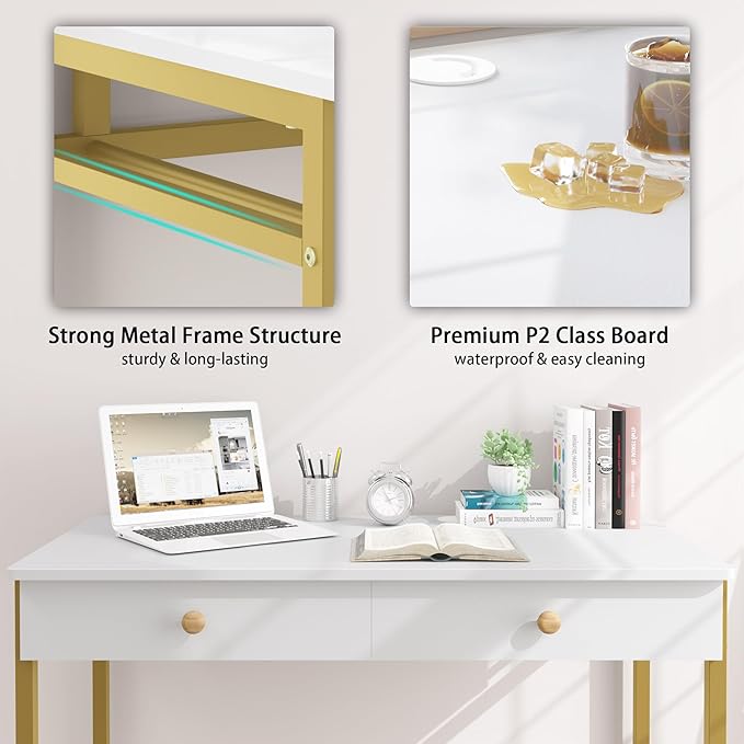 Weehom Computer Desk with Drawers, Home Office Desk for Writing, Studying, and Gaming - Sturdy and Spacious Workstation for PC and Laptop(White and Gold) - LeafyLoom