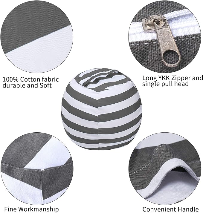 2 PCS Stuffed Animal Storage Bean Bag Chair Cover, Cotton Canvas Beanbag with Zipper for Organizing Kid's and Adults Room Grey 24" - LeafyLoom