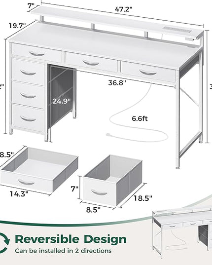 Gaming Desk with 6 Drawers, Computer Desk with LED Lights Power Outlets and Type-C, 47 Inch Office Desk with Storage, Monitor Stand, Writing Desk Work Desk Home Office, Bedroom, Study, White - LeafyLoom