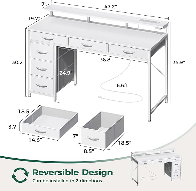Gaming Desk with 6 Drawers, Computer Desk with LED Lights Power Outlets and Type-C, 47 Inch Office Desk with Storage, Monitor Stand, Writing Desk Work Desk Home Office, Bedroom, Study, White - LeafyLoom