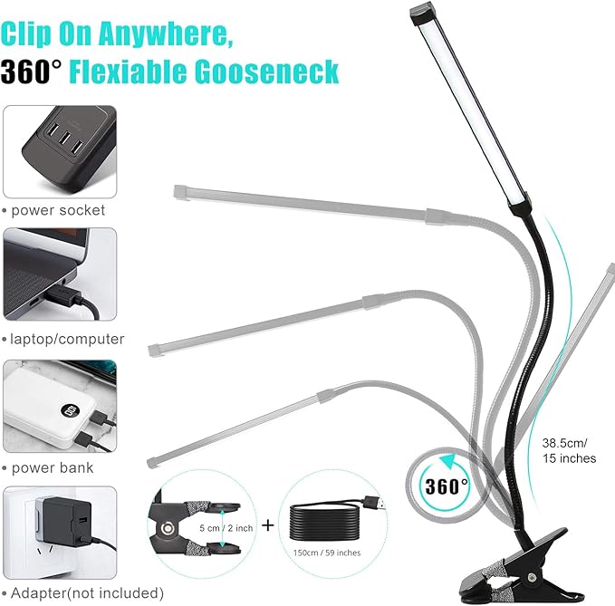 Morw Winmor Led Clip On Desk Lamp,3 Color 11 Brightness,64 LED 10W Book Reading Light,USB Plug,Stepless Dimmer Auto Off,Clamp Desk Lights for Bedside Computer Home Office - LeafyLoom