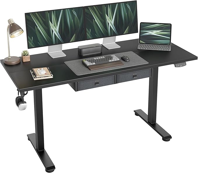 Standing Desk with 2 Drawers, Adjustable Height Electric Desk with Storage, 63 x 24 Inches Sit Stand Up Computer Table for Work Office Home, Black - LeafyLoom