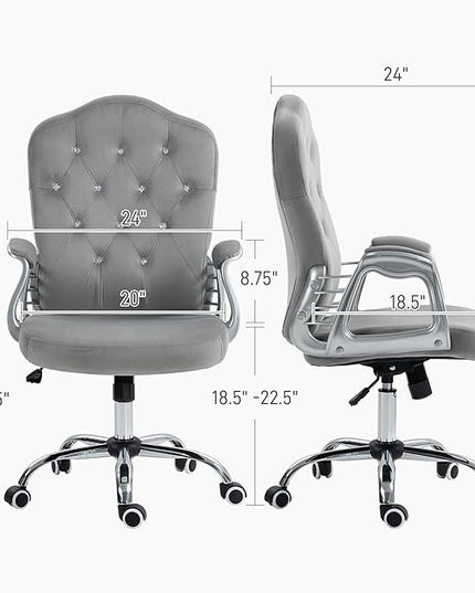 Vinsetto Home Office Chair, Velvet Computer Chair, Button Tufted Desk Chair with Swivel Wheels, Adjustable Height, and Tilt Function, Light Gray - LeafyLoom