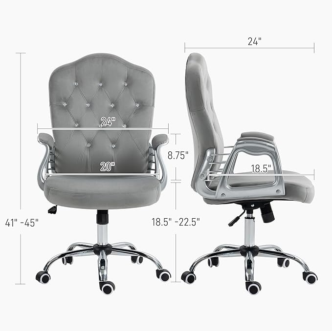 Vinsetto Home Office Chair, Velvet Computer Chair, Button Tufted Desk Chair with Swivel Wheels, Adjustable Height, and Tilt Function, Light Gray - LeafyLoom
