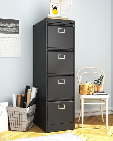 4 Drawer File Cabinet, Metal Vertical File Cabinets with Lock for Home Office, Heavy Duty Office Steel Filing Cabinet for Hanging Files for A4/ Legal/Letter,Assembly Required (Black) - LeafyLoom