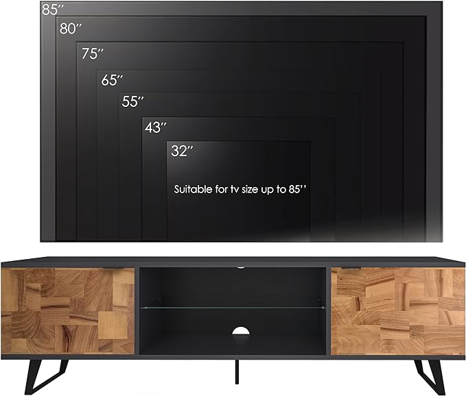 Atelier Mobili Mid Century Modern Door Glass Shelf TV Stand with Storage for TVs up 80 to Inches, Media Console for Living Room, Entertainment Center or Farmhouse TV Stand (Wood Patchwork) - LeafyLoom