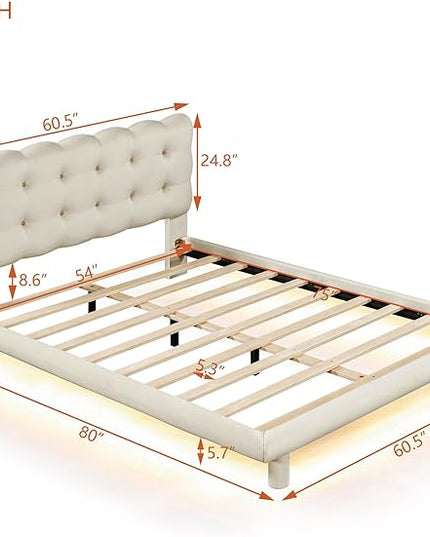 RITSU Full Size Velvet Fabric Platform Bed, Solid Wood Bedframe with LED, Button-Tufted Design Headboard, includes 16 Colors Lights Can Remote Control, No Box Spring Needed, Beige - LeafyLoom