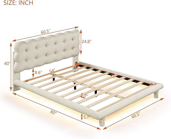 RITSU Full Size Velvet Fabric Platform Bed, Solid Wood Bedframe with LED, Button-Tufted Design Headboard, includes 16 Colors Lights Can Remote Control, No Box Spring Needed, Beige - LeafyLoom